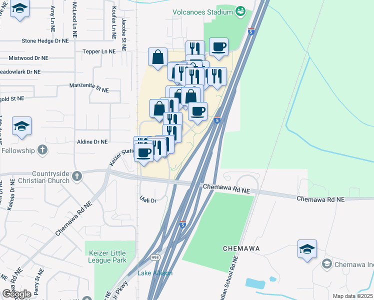 map of restaurants, bars, coffee shops, grocery stores, and more near 5940 Ulali Drive in Keizer
