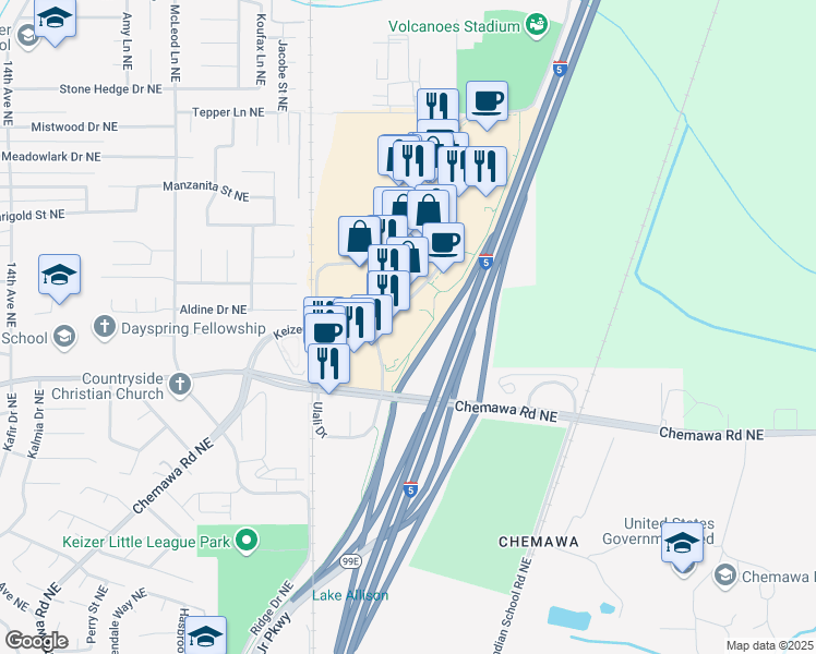 map of restaurants, bars, coffee shops, grocery stores, and more near 5940 Ulali Drive in Keizer