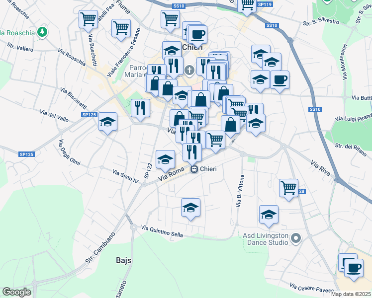 map of restaurants, bars, coffee shops, grocery stores, and more near 7 Via Martiri della Libertà in Chieri