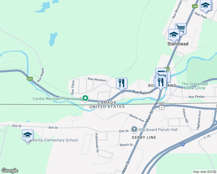 map of restaurants, bars, coffee shops, grocery stores, and more near 24 Rue Passenger in Stanstead