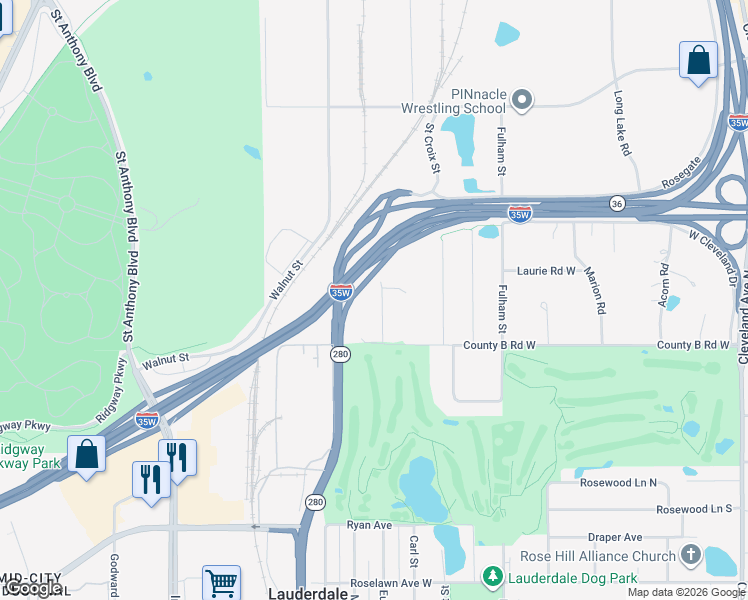 map of restaurants, bars, coffee shops, grocery stores, and more near 2201 North Eustis Street in Roseville