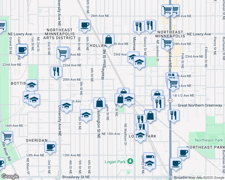 map of restaurants, bars, coffee shops, grocery stores, and more near 654 19th Avenue Northeast in Minneapolis