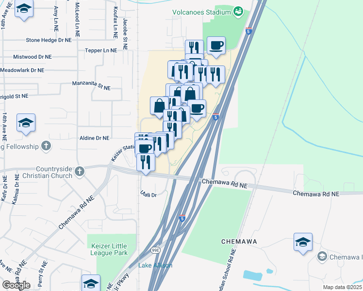 map of restaurants, bars, coffee shops, grocery stores, and more near 5940 Keizer Station Boulevard in Keizer