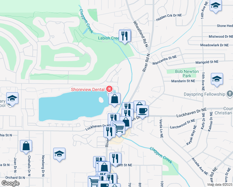 map of restaurants, bars, coffee shops, grocery stores, and more near 5945 Inland Shores Way North in Keizer