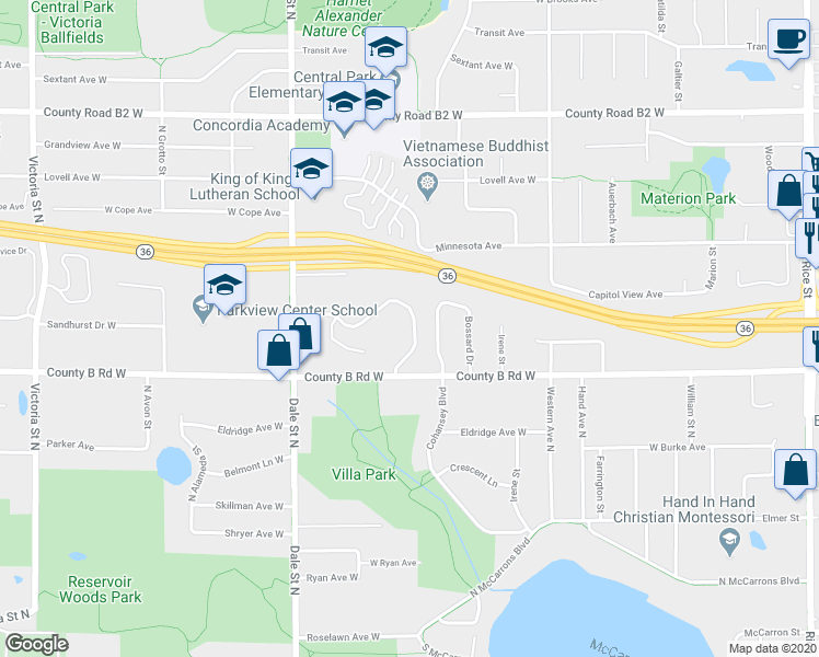 map of restaurants, bars, coffee shops, grocery stores, and more near 550 Sandhurst Drive West in Roseville