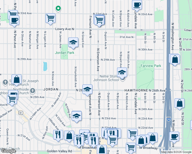map of restaurants, bars, coffee shops, grocery stores, and more near 2654 North Emerson Avenue in Minneapolis