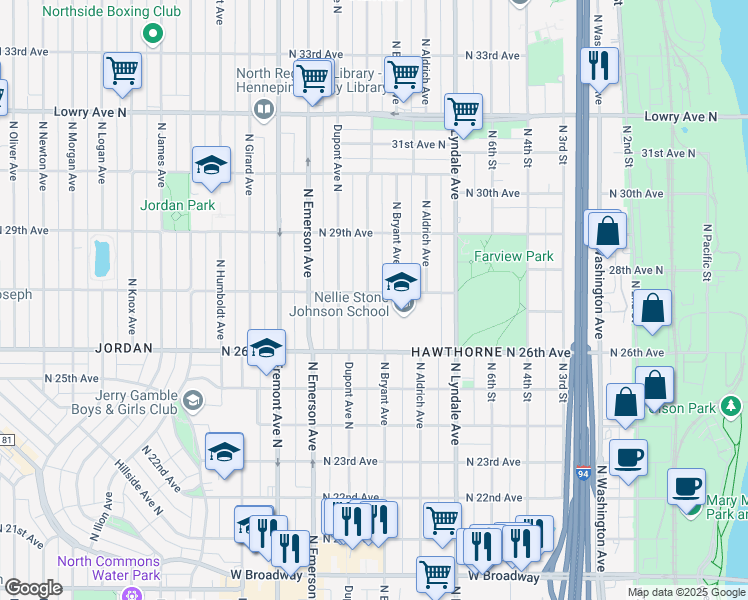 map of restaurants, bars, coffee shops, grocery stores, and more near 2650 North Colfax Avenue in Minneapolis