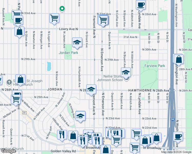 map of restaurants, bars, coffee shops, grocery stores, and more near 2650 North Fremont Avenue in Minneapolis