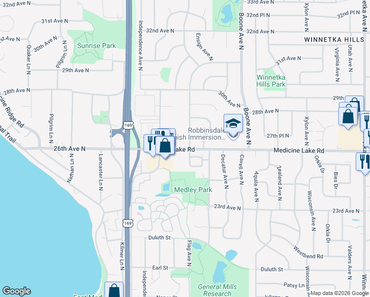 map of restaurants, bars, coffee shops, grocery stores, and more near 9202 Medicine Lake Road in Golden Valley