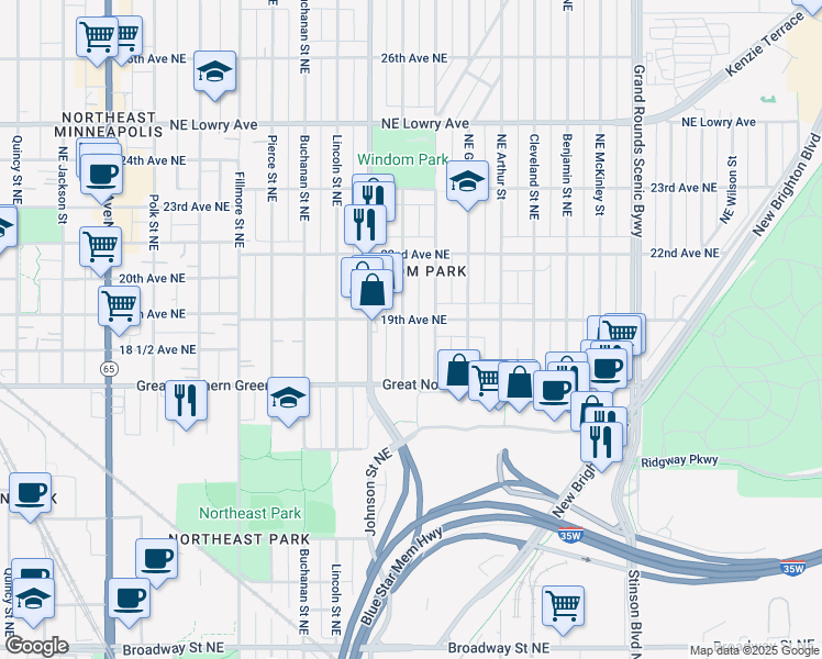 map of restaurants, bars, coffee shops, grocery stores, and more near 1849 Ulysses Street Northeast in Minneapolis