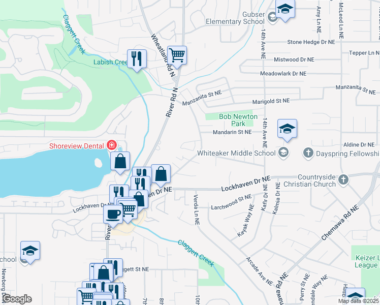 map of restaurants, bars, coffee shops, grocery stores, and more near 5935 Trail Avenue Northeast in Keizer