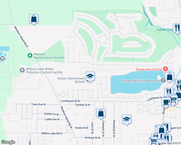map of restaurants, bars, coffee shops, grocery stores, and more near 5945 Sagrada Street North in Keizer