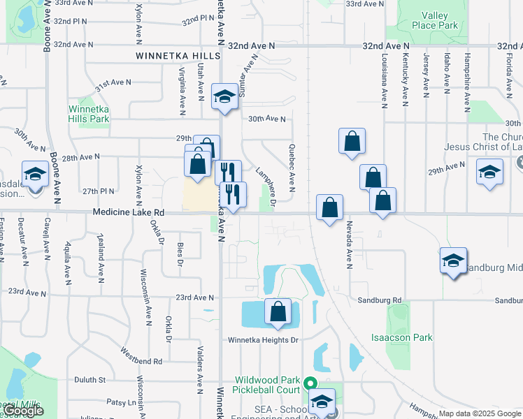 map of restaurants, bars, coffee shops, grocery stores, and more near 7700 Medicine Lake Road in New Hope