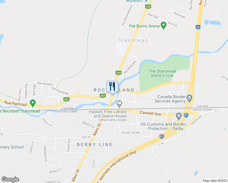 map of restaurants, bars, coffee shops, grocery stores, and more near 262 Rue Dufferin in Stanstead