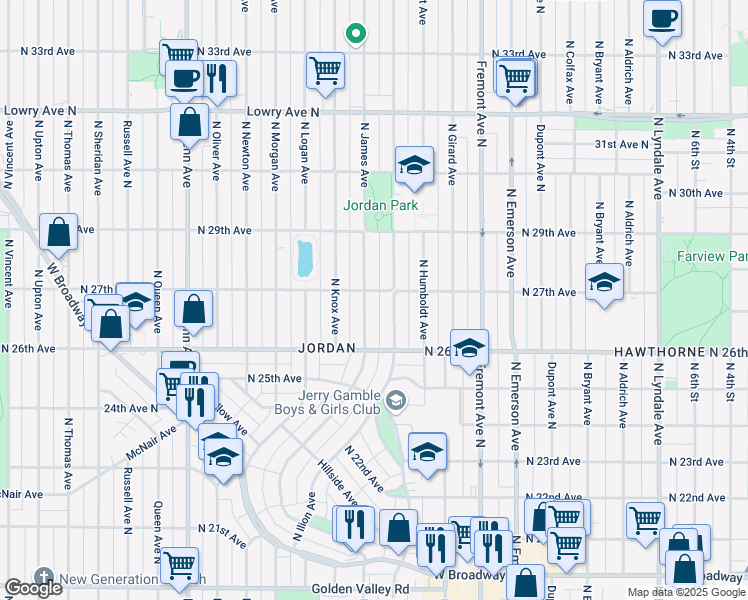 map of restaurants, bars, coffee shops, grocery stores, and more near 2650 North James Avenue in Minneapolis