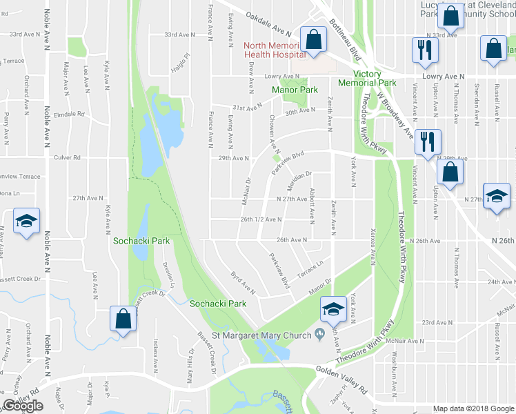 map of restaurants, bars, coffee shops, grocery stores, and more near 2667 Parkview Boulevard in Minneapolis