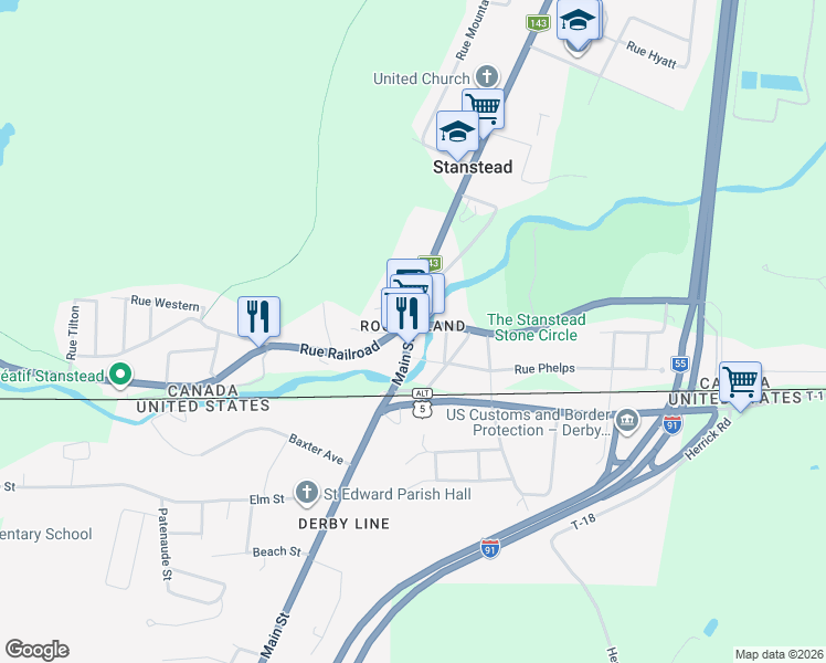 map of restaurants, bars, coffee shops, grocery stores, and more near 272 Rue Dufferin in Stanstead