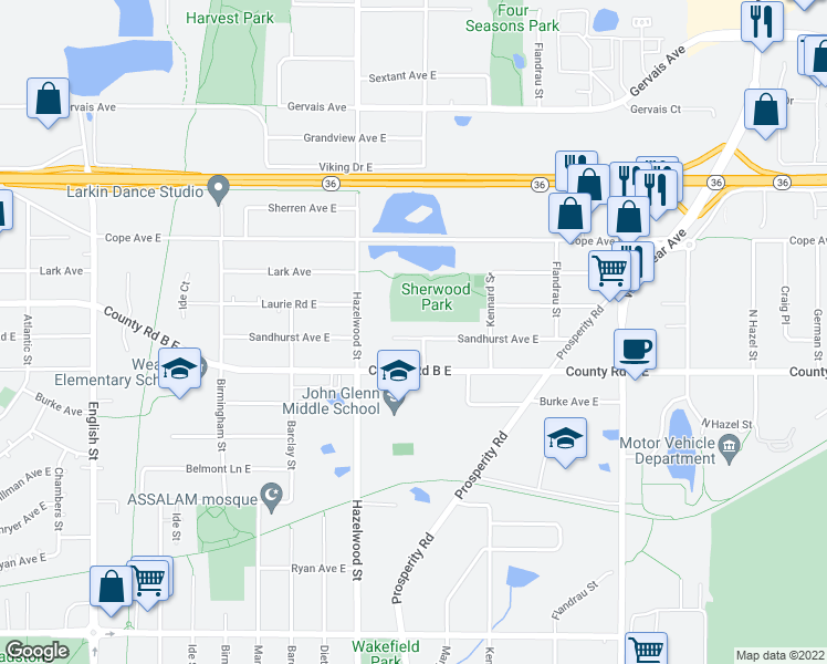 map of restaurants, bars, coffee shops, grocery stores, and more near 1595 Sandhurst Avenue East in Saint Paul