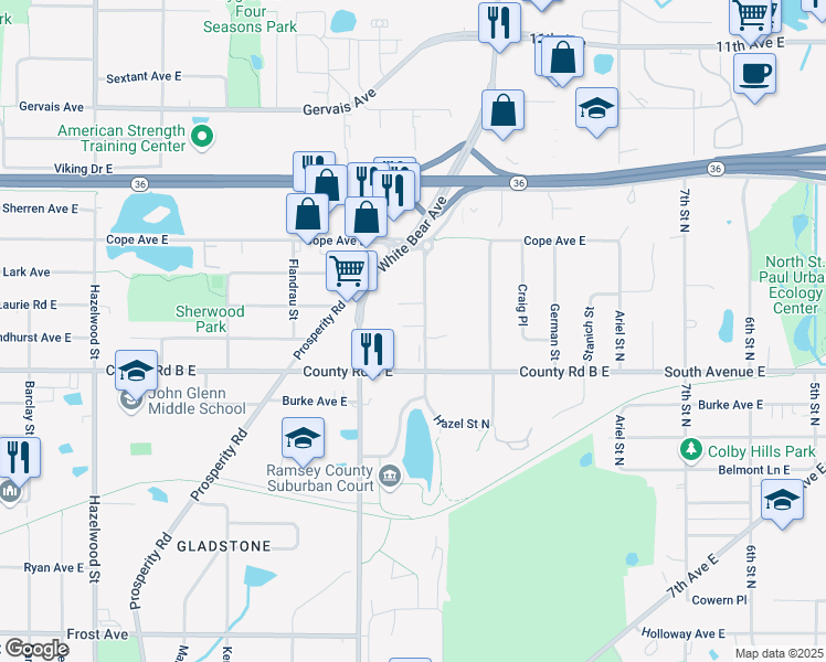 map of restaurants, bars, coffee shops, grocery stores, and more near 2191 Van Dyke Street in Maplewood