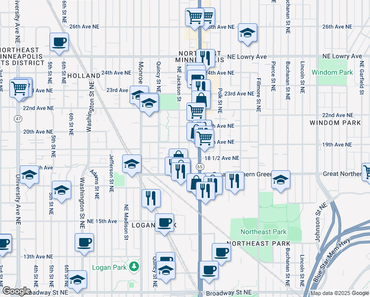 map of restaurants, bars, coffee shops, grocery stores, and more near 1847 Northeast Jackson Street in Minneapolis
