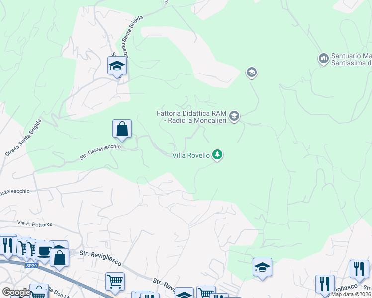 map of restaurants, bars, coffee shops, grocery stores, and more near 38 Strada Castelvecchio in Moncalieri