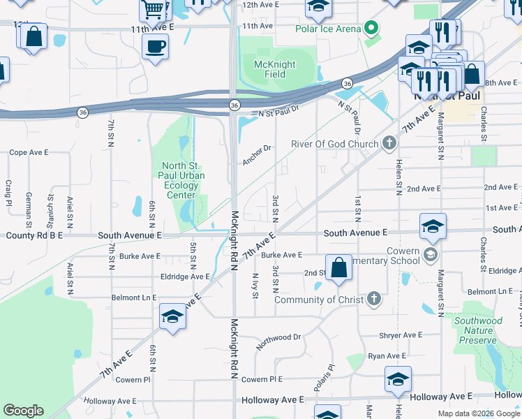 map of restaurants, bars, coffee shops, grocery stores, and more near 2316 Gateway Hill Road North in North Saint Paul