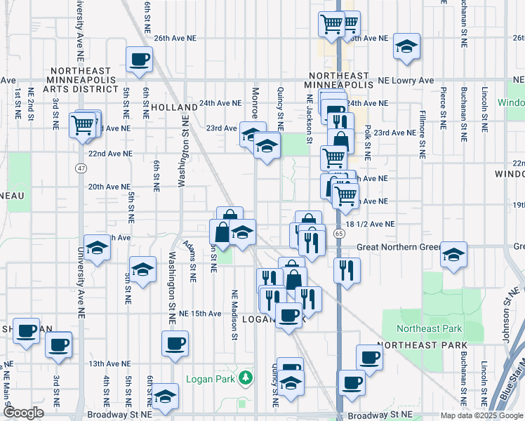 map of restaurants, bars, coffee shops, grocery stores, and more near 1847 Monroe St NE in Minneapolis