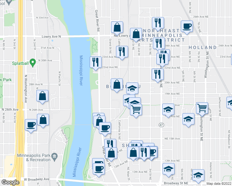 map of restaurants, bars, coffee shops, grocery stores, and more near 1903 Grand Street Northeast in Minneapolis