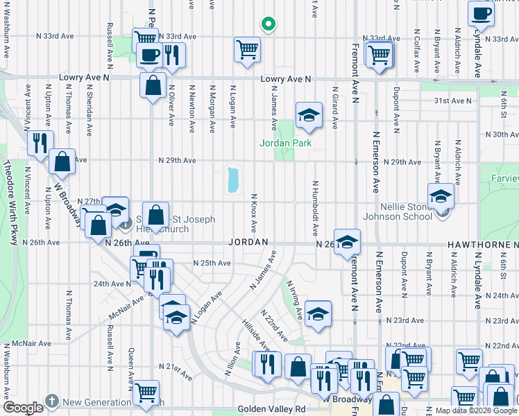 map of restaurants, bars, coffee shops, grocery stores, and more near 2650 North Knox Avenue in Minneapolis