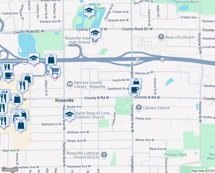 map of restaurants, bars, coffee shops, grocery stores, and more near 1187 Sandhurst Drive West in Roseville