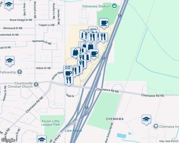 map of restaurants, bars, coffee shops, grocery stores, and more near 5940 Keizer Station Boulevard in Keizer