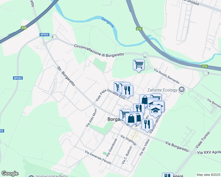 map of restaurants, bars, coffee shops, grocery stores, and more near 28 Viale Papa Giovanni XXIII in Borgaretto
