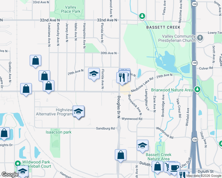 map of restaurants, bars, coffee shops, grocery stores, and more near 6320 Medicine Lake Road in Crystal