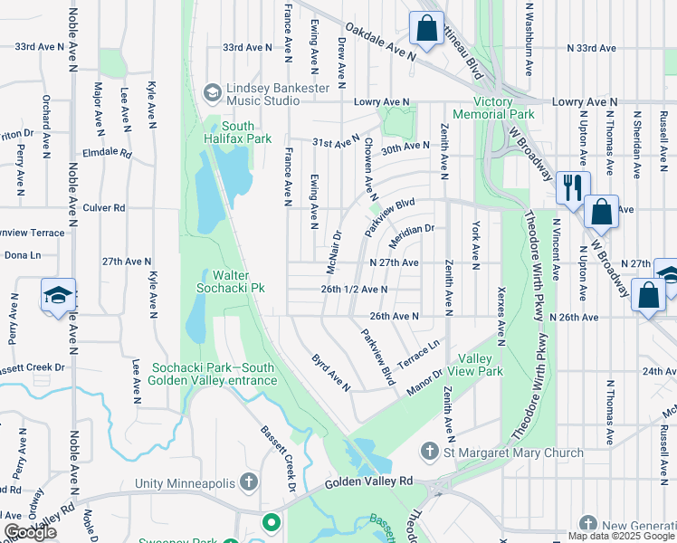 map of restaurants, bars, coffee shops, grocery stores, and more near 2667 Parkview Boulevard in Minneapolis