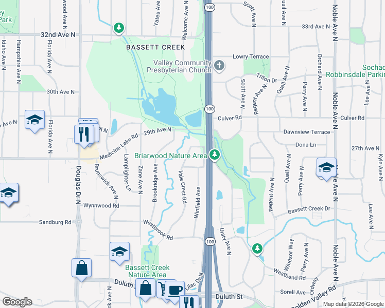map of restaurants, bars, coffee shops, grocery stores, and more near 2712 Vale Crest Road in Minneapolis