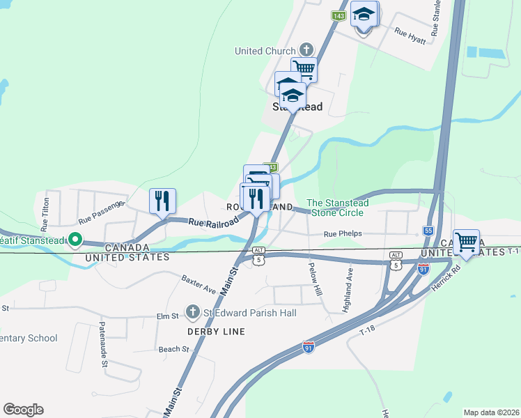 map of restaurants, bars, coffee shops, grocery stores, and more near 276 Rue Dufferin in Stanstead