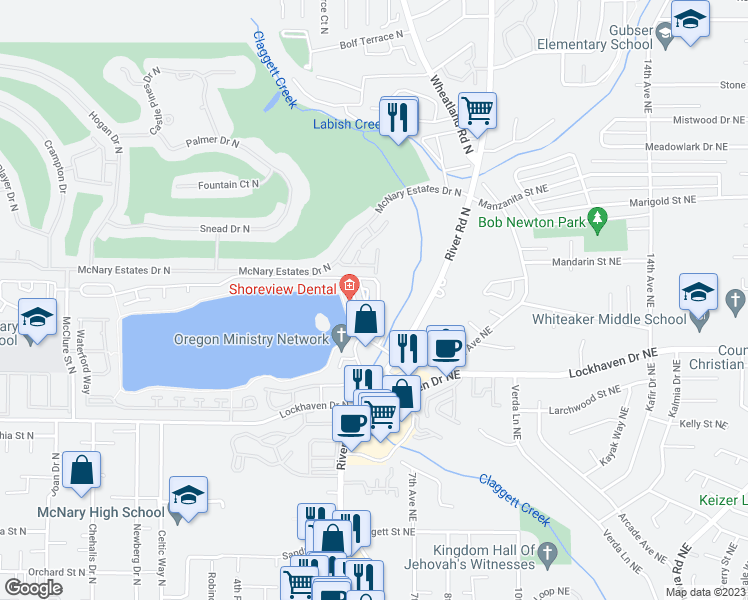 map of restaurants, bars, coffee shops, grocery stores, and more near 5935 Inland Shores Way North in Keizer
