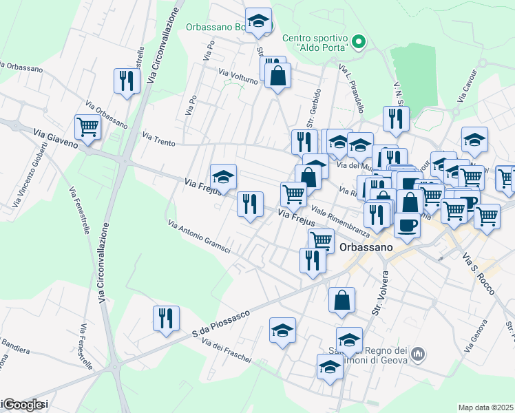 map of restaurants, bars, coffee shops, grocery stores, and more near 55 Via Frejus in Orbassano