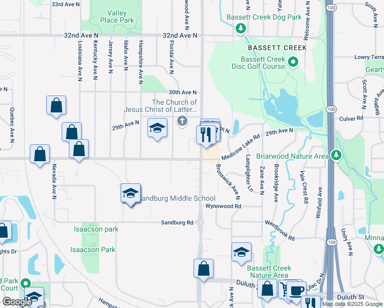 map of restaurants, bars, coffee shops, grocery stores, and more near 6300 27th Avenue North in Crystal
