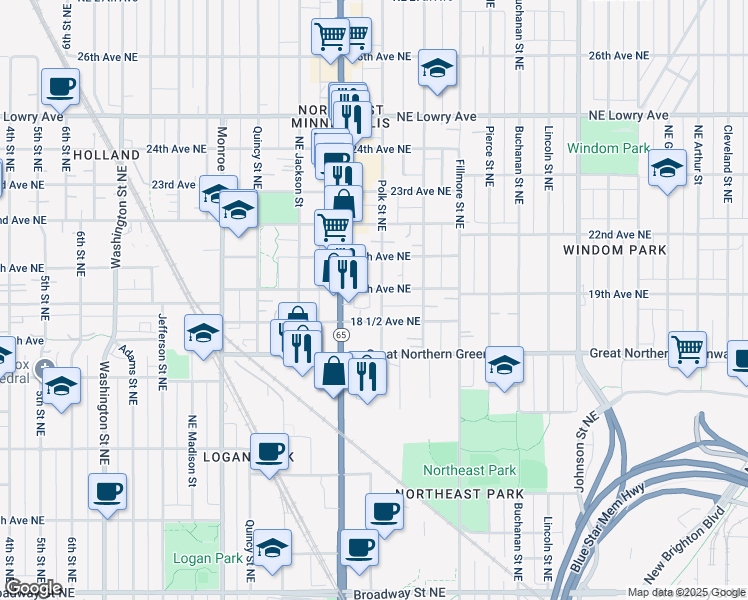 map of restaurants, bars, coffee shops, grocery stores, and more near 1846 Polk Street Northeast in Minneapolis