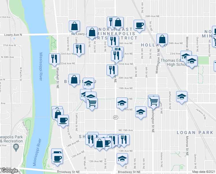map of restaurants, bars, coffee shops, grocery stores, and more near 1901 3rd Street Northeast in Minneapolis