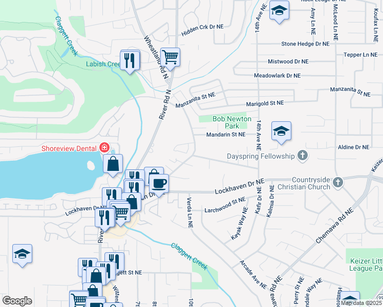 map of restaurants, bars, coffee shops, grocery stores, and more near 5935 Trail Avenue Northeast in Keizer