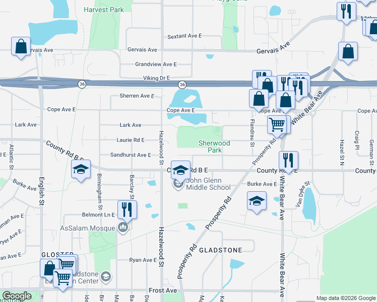 map of restaurants, bars, coffee shops, grocery stores, and more near 1595 Sandhurst Avenue East in Saint Paul