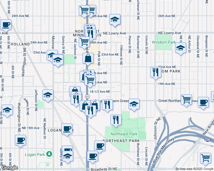 map of restaurants, bars, coffee shops, grocery stores, and more near 1018 19th Avenue Northeast in Minneapolis