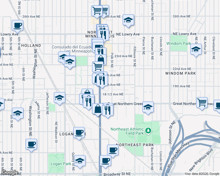 map of restaurants, bars, coffee shops, grocery stores, and more near 1846 Polk Street Northeast in Minneapolis