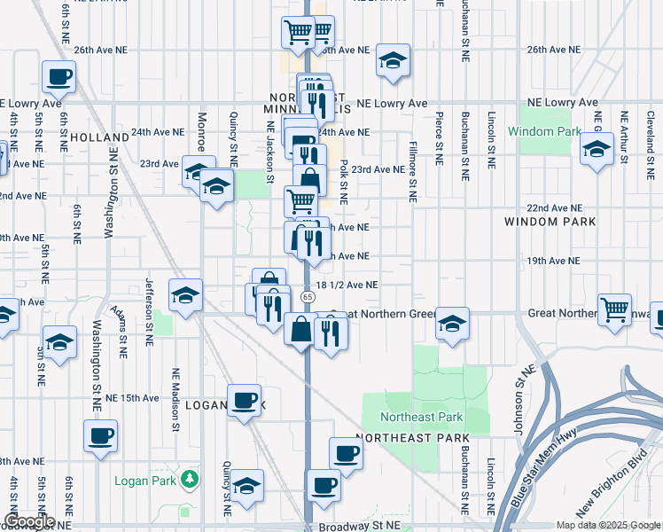 map of restaurants, bars, coffee shops, grocery stores, and more near 1846 Polk Street Northeast in Minneapolis
