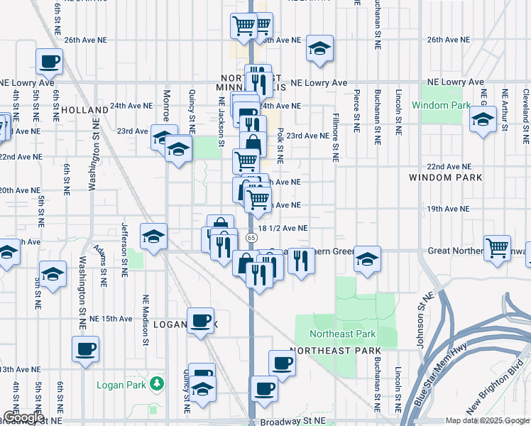 map of restaurants, bars, coffee shops, grocery stores, and more near 1846 Polk Street Northeast in Minneapolis