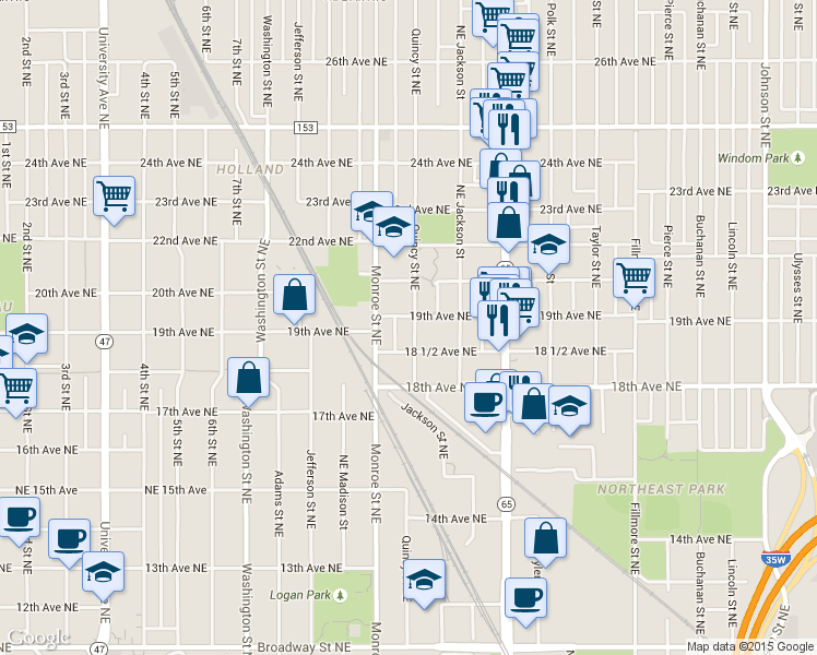 map of restaurants, bars, coffee shops, grocery stores, and more near 1845 Quincy Street Northeast in Minneapolis