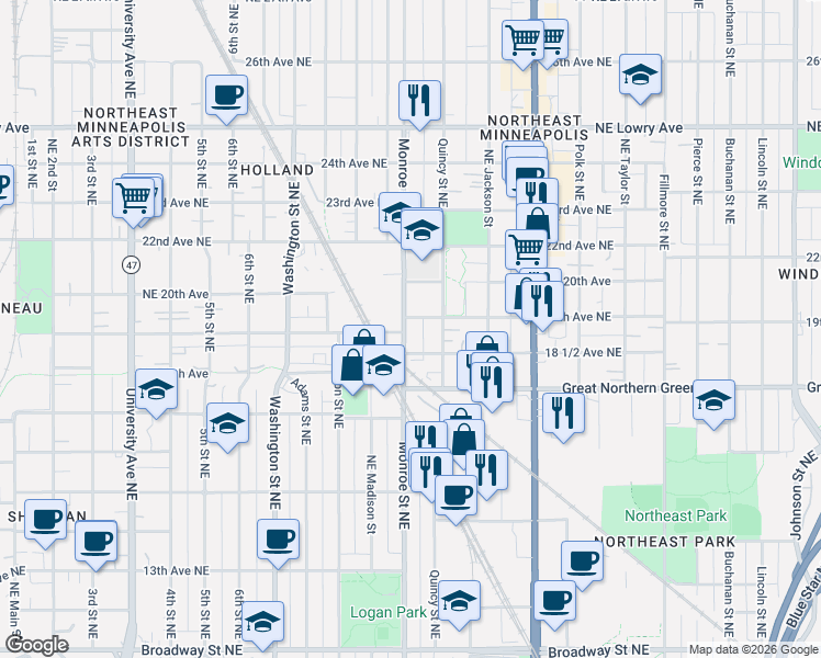 map of restaurants, bars, coffee shops, grocery stores, and more near 1847 Monroe Street Northeast in Minneapolis