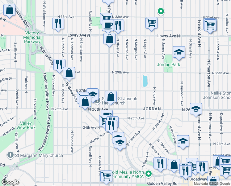 map of restaurants, bars, coffee shops, grocery stores, and more near 2655 North Oliver Avenue in Minneapolis